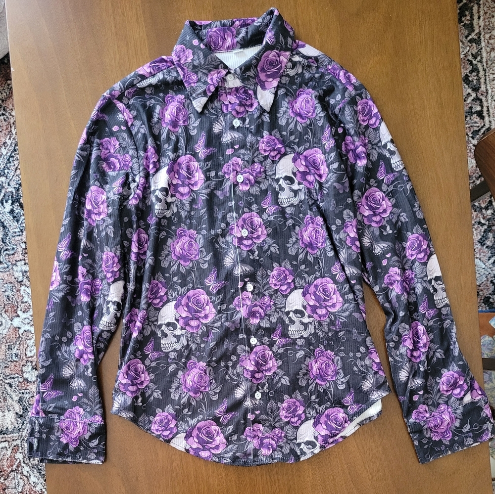 Punkoutfit Men's Retro Dark Style Purple Skull Rose Butterfly Print Long-sleeve
